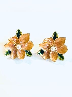 Pink Enamel and Pearl Flower Earrings*